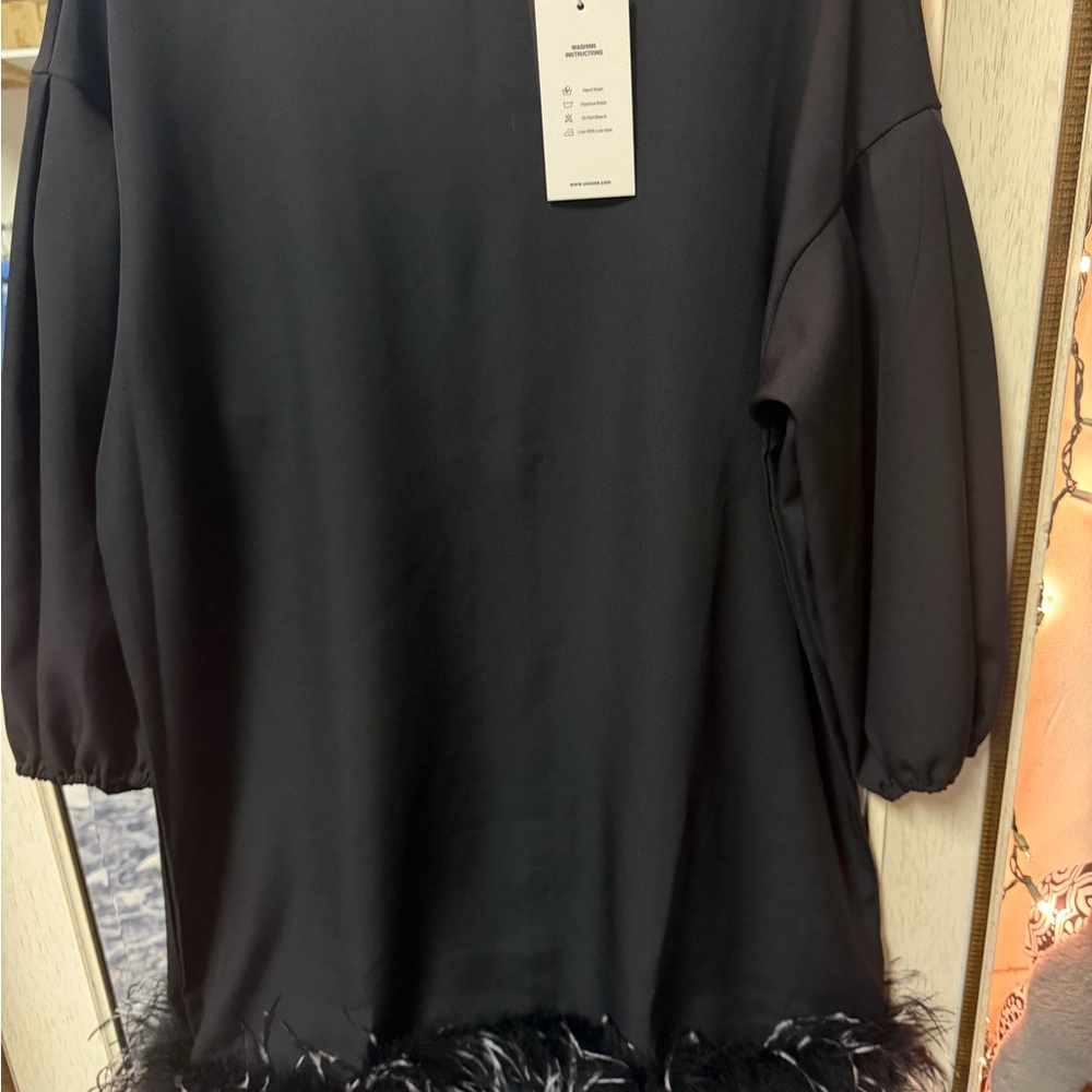 Elegant Black Long Sleeve Dress with Feather Hem